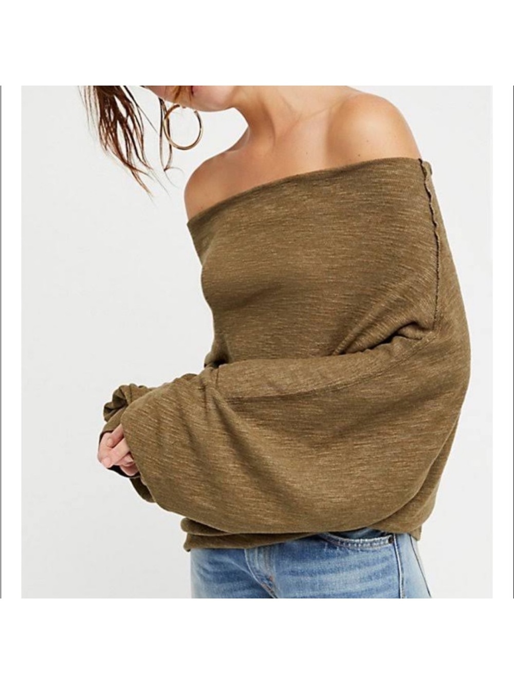 Free People Skyline Thermal Off the Shoulder Shirt Olive Green size Small